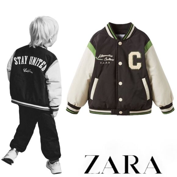 ZARA Kids | Black | WATER REPELLENT VARSITY BOMBER JACKET - Picture 1 of 10